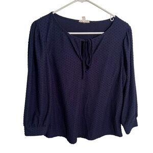 Riley & Rae Women's Size Large Blouse Navy Blue Clip Dot Tie Neck Long Sleeve